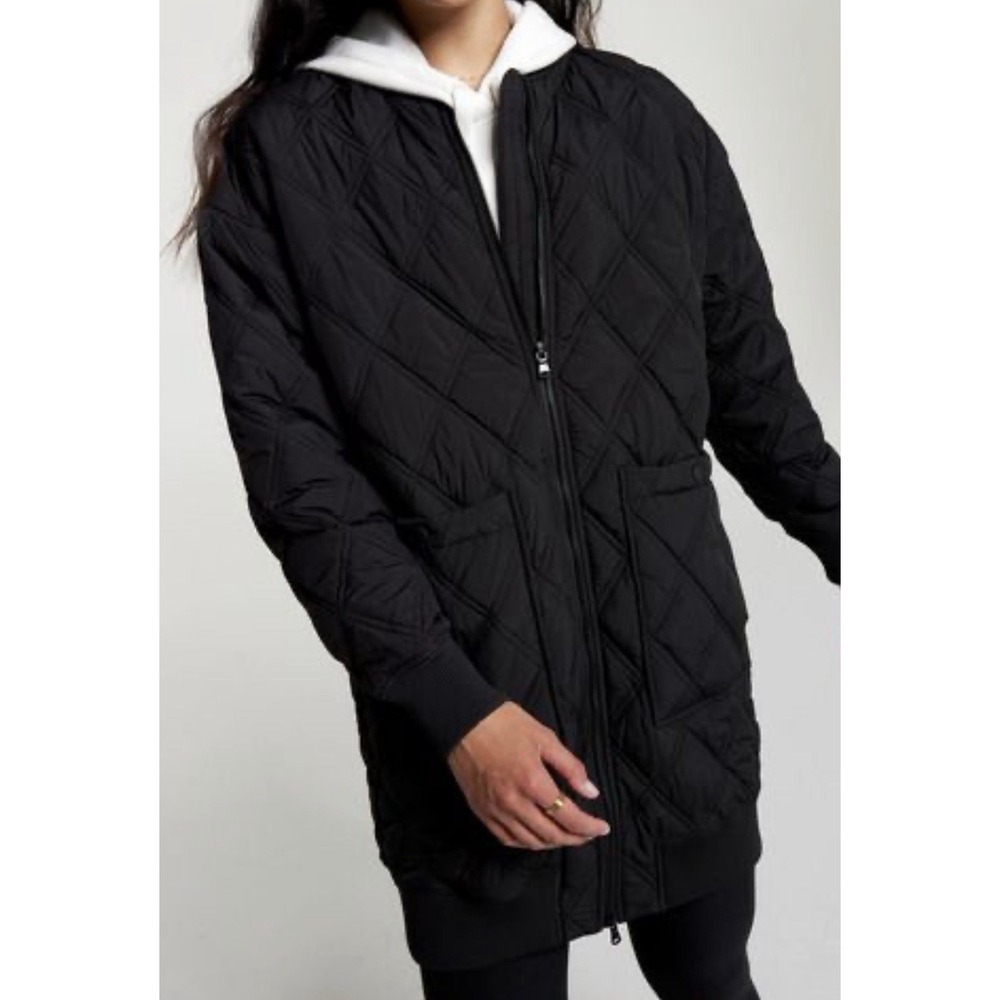Calia by Carrie Underwood Quilted Diamond Long Bomber Jacket Long Black 2XL XL